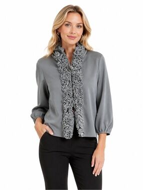 Persnickety Gray Ruffle Trim Button Sweatshirt Jacket Womens Size M Boutique